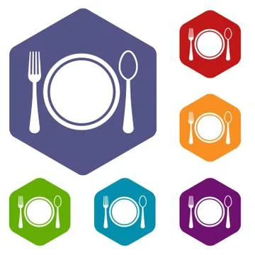 Place setting with plate,spoon and fork icons set Stock Illustration