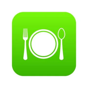 Place setting with plate,spoon and fork icon digital green Stock Illustration