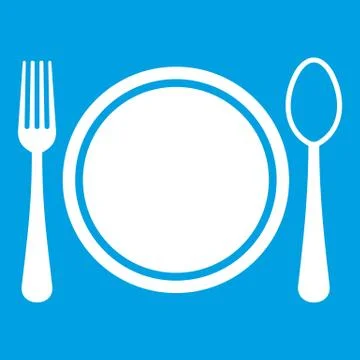 Place setting with plate,spoon and fork icon white Stock Illustration