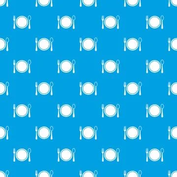 Place setting with plate,spoon and fork pattern seamless blue Stock Illustration