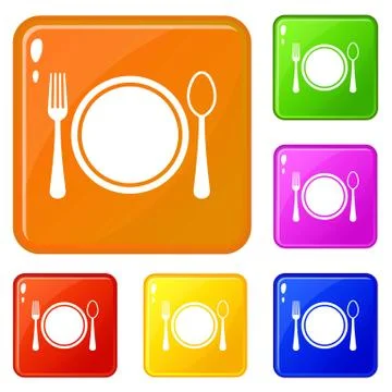 Place setting with plate,spoon and fork icons set vector color Stock Illustration