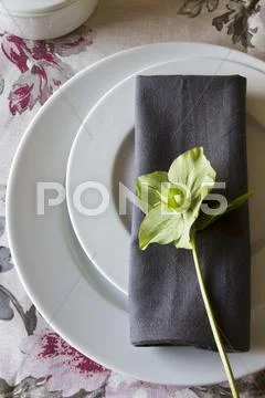 A place setting with two plates and a grey napkin decorated with a green winter Stock Photos