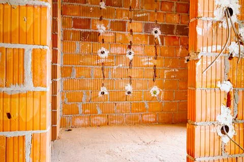 Place for several electrical jacks that will be installed into brick wall of Stock Photos