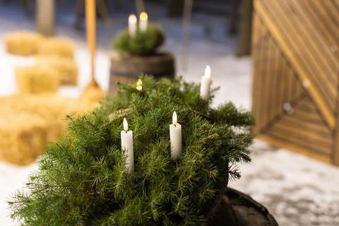 Place table setting for Christmas white table with decor elements with green Stock Photos