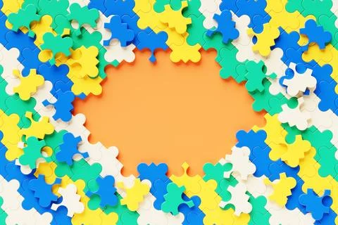 Place for text around a frame of voluminous multi-colored puzzles. Business c Stock Photos