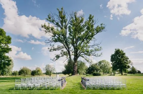 Place for a wedding ceremony. Tree, chairs and grass. Bleu sky Stock Photos