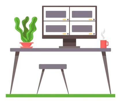 Place for work, table with chair, computer monitor turned on, green plant in pot Stock Illustration