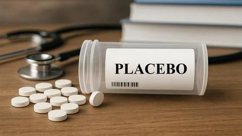 Placebo box of tablets on a table Stock Photos
