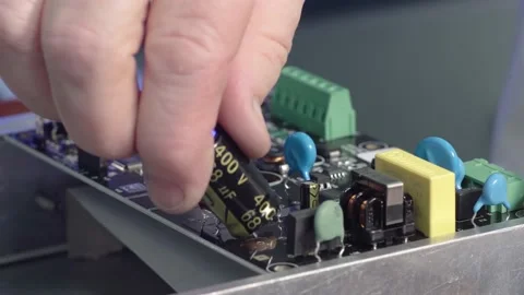 Placement of components on the soldering board. Electronics production. Hand Stock Footage 173735997