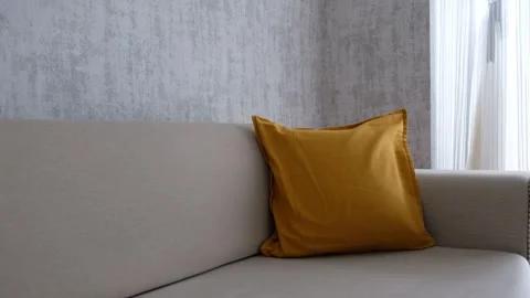 Placing and Arranging Cushions on Sofa in Cozy Living Room during Tidying Up Stock Footage 302688024