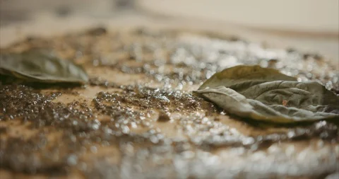 Placing basil leaf of a sausage pesto pizza Stock Footage 105299347