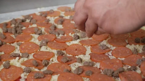 Placing Beef Making Pizza Commercial Industrial Restaurant Slow Motion Stock Footage 66076726