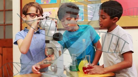 Placing colored flasks, three boys rotating around microscope, learning STEM, 库存影片 333689456