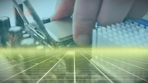 Placing computer chip over digital grid, representing technology integration Stock Footage 303420495
