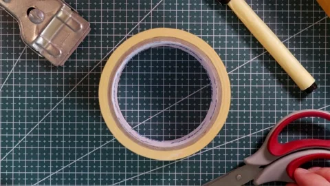 Placing construction tools around central masking tape roll mockup. Stock Footage 337816270