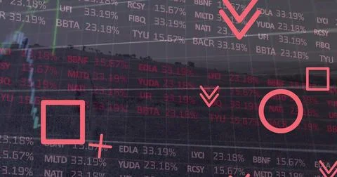 Placing data layer over dusk hillside showing stock tickers and percentages, Stock Photos