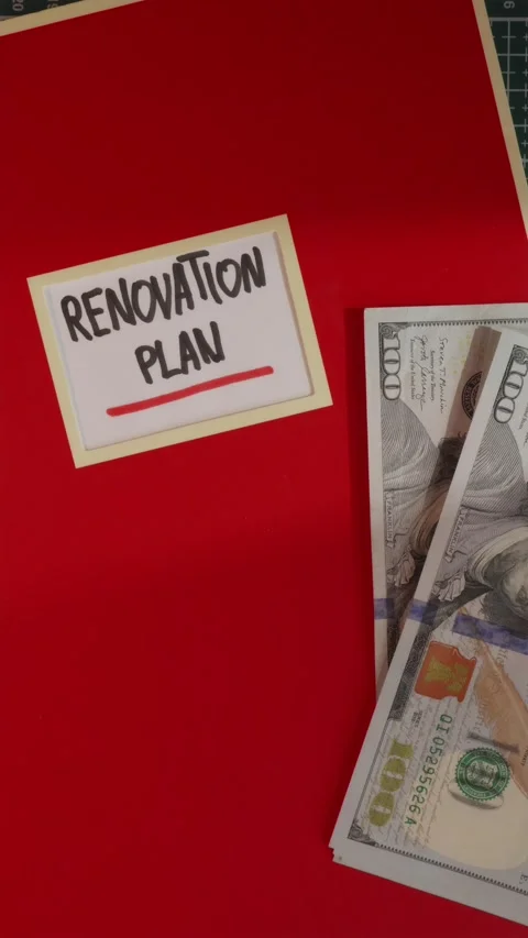 Placing dollar bills next to sliding Renovation Plan folder Stock Footage 341246103