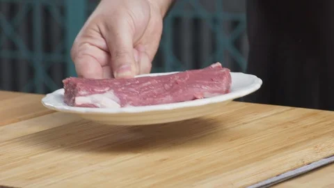 Placing Fresh Red Raw Meat Fillet As Healthy Cooking Ingredient On Wooden Board 스톡 동영상 118571298