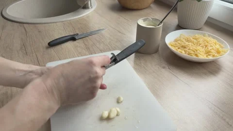 Placing Garlic Cloves Into Garlic Press Preparing Ingredients Cooking Close View Stock Footage 336446488