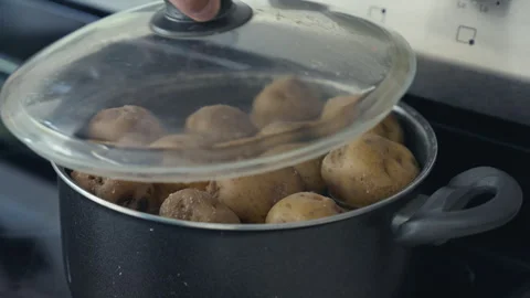 Placing Glass Lid on a Pot of Boiling Yellow Potatoes 動画素材 344980921