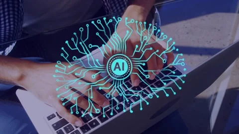Placing hands above keyboard, person typing on laptop with AI overlay Stock Footage 334703590
