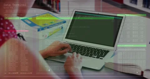 Placing hands on keyboard, teen in red top coding at desk, studying with laptop Stock Footage 331565553