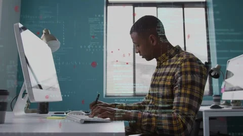 Placing hands on keys dev typing with stylus, coding app while code overlays Stock Footage 335282045