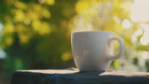 Placing hot ceramic white hot drink cup with steam on rock Stock Footage 164600477
