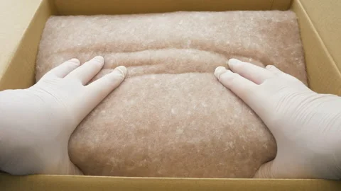 Placing items into a shipping box, protected with recycled plastics padding. Stock Footage 195437227