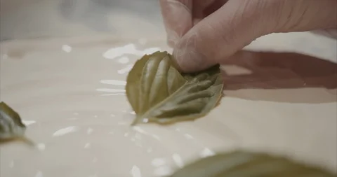 Placing a leaf of basil on cream sauce pizza Stock Footage 105300121