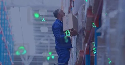 Placing man in blue uniform on step platform holding box, reaching warehouse Stock Photos