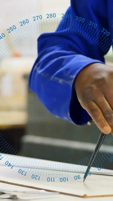 Placing metal compass, man in royal blue shirt adjusting hinge and drawing arc Stock Footage 331215888