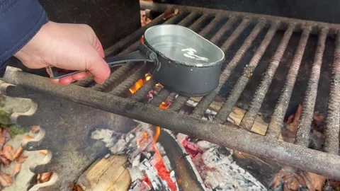 Placing a Pot Over a Campfire in the Forest Stock Footage 296501402