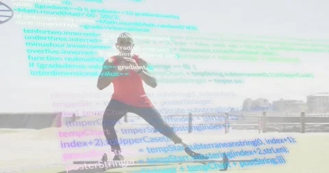 Placing prosthetic leg wide, man performing barbell lunges on seaside promenade Stock Footage 318064571