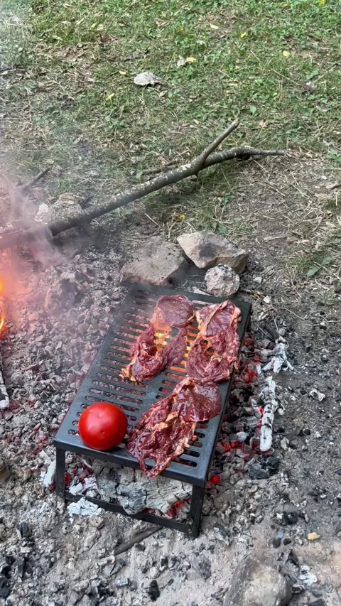 Placing Raw Beef Steak on a Grill Over a Campfire Stock Footage 345023169