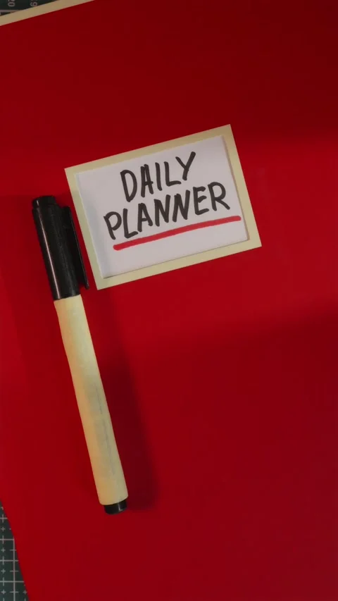 Placing red Daily Planner notebook and fineliner on table Stock Footage 341246147