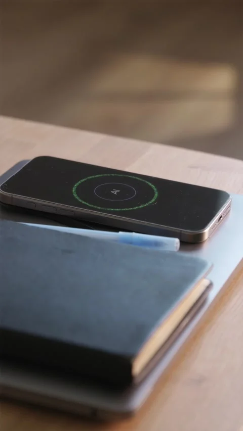 Placing smartphone with active AI assistant app on office desk Stock-Footage 346834887