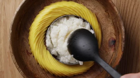 Placing Sticky Rice Into Plate Top View Extreme Close Up 스톡 동영상 335407010