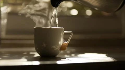 Placing a tea filter in a teacup and pouring hot water. Stock Footage 248693440