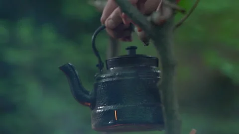 Placing Teapot Over Campfire to Boil Stock Footage 310826523