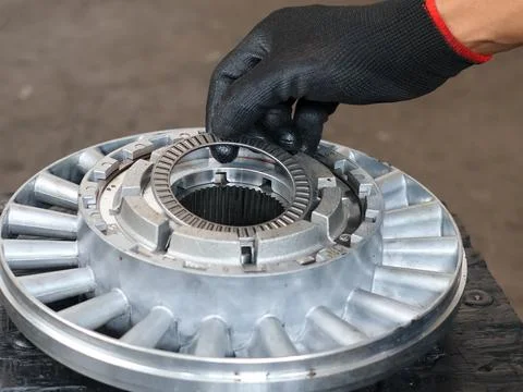 Placing a thrust needle bearing ring into a transmission hub assembly. 스톡 사진