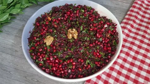 Placing Walnuts on Beetroot Pomegranate Salad by Hand - Gourmet Salad 4K 스톡 동영상 347712332