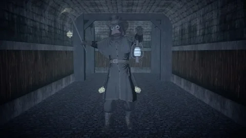 Plague Doctor Exploring Dark Medieval Tunnel Stock-Footage 345925443