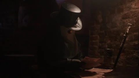 Plague doctor reading some papers on the table Vídeo Stock 258430587
