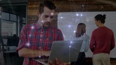 Plaid man moving, typing on laptop for business while network lights linking Stock Footage 331227659
