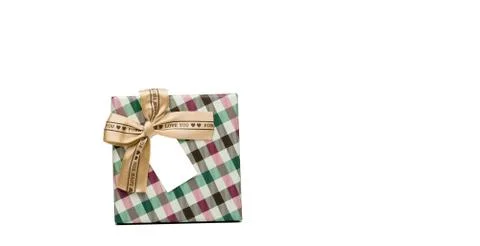 Plaid pattern gift box with beige ribbon bow and blank greeting card isolated Stock Photos