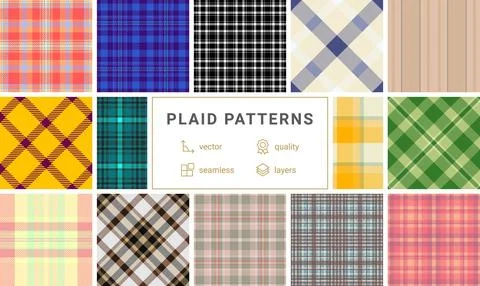 Plaid pattern pack tailored for dresses. Coordinated tartan repeats enhance.. Stock Illustration