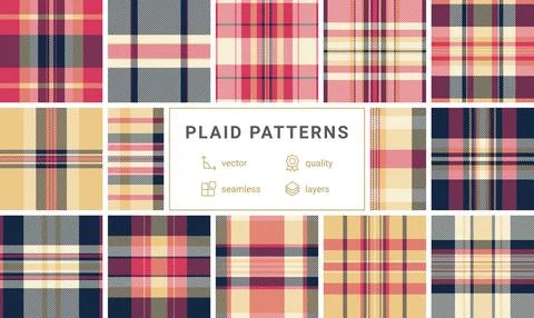 This plaid pattern set features striped designs in trendy colors, perfect f.. Stock Illustration