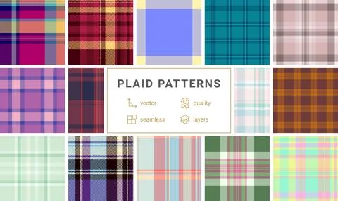 Plaid patterns in a colorful collection, featuring geometric checks and bold  Stock Illustration