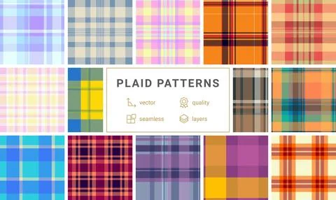 Plaid set for craft store displays. Harmonized tartan designs suit shelves, c Stock Illustration